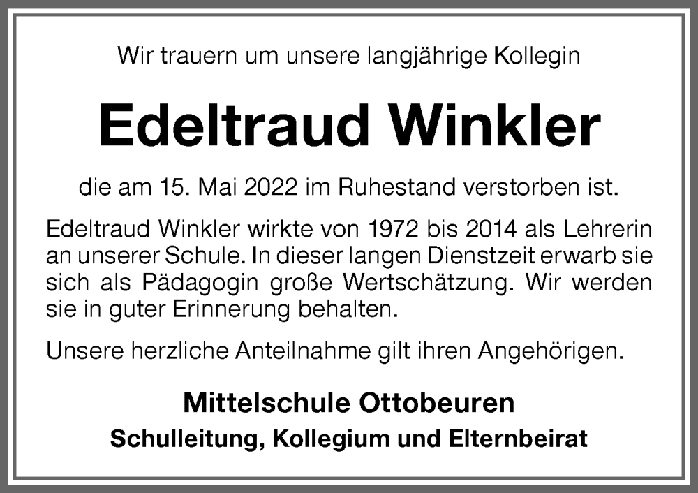  Traueranzeige für Edeltraud Winkler vom 20.05.2022 aus Memminger Zeitung