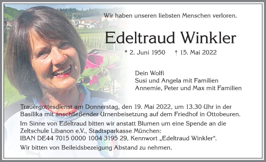 Traueranzeige von Edeltraud Winkler von Memminger Zeitung
