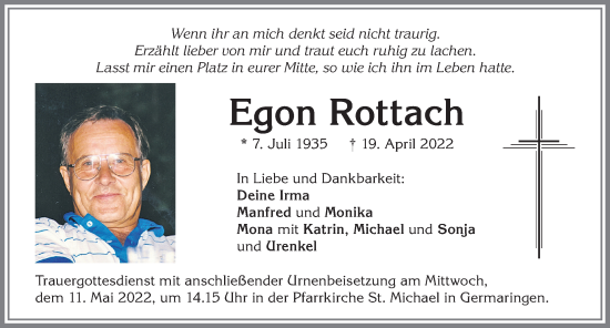 Traueranzeige von Egon Rottach von Allgäuer Zeitung, Kaufbeuren/Buchloe