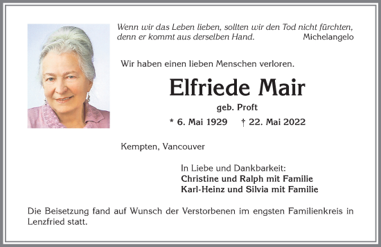Traueranzeige von Elfriede Mair von Allgäuer Zeitung,Kempten