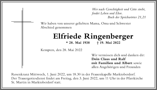 Traueranzeige von Elfriede Ringenberger von Allgäuer Zeitung,Kempten