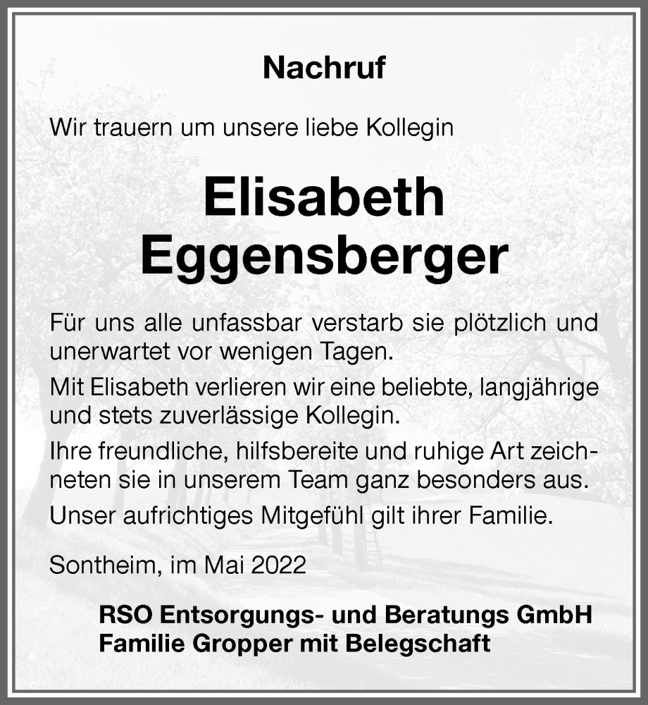  Traueranzeige für Elisabeth Eggensberger vom 28.05.2022 aus Memminger Zeitung