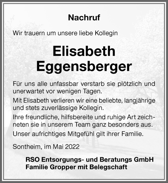 Traueranzeige von Elisabeth Eggensberger von Memminger Zeitung