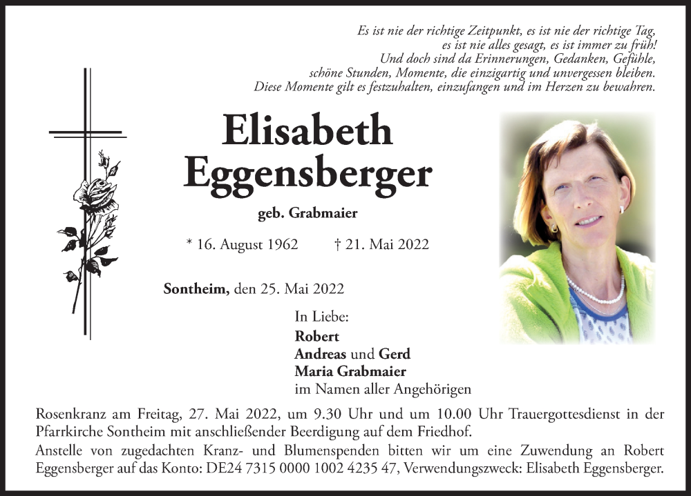  Traueranzeige für Elisabeth Eggensberger vom 25.05.2022 aus Memminger Zeitung