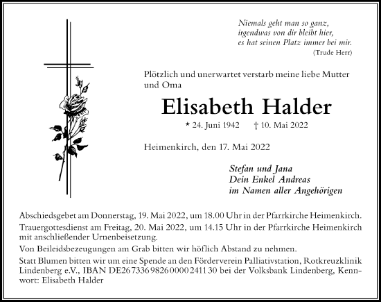 Traueranzeige von Elisabeth Halder von Der Westallgäuer