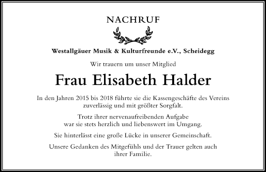 Traueranzeige von Elisabeth Halder von Der Westallgäuer