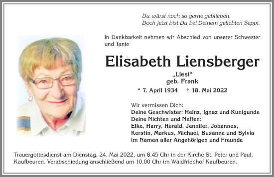 Traueranzeige von Elisabeth Liensberger von Allgäuer Zeitung, Marktoberdorf