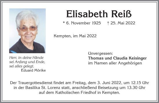 Traueranzeige von Elisabeth Reiß von Allgäuer Zeitung,Kempten