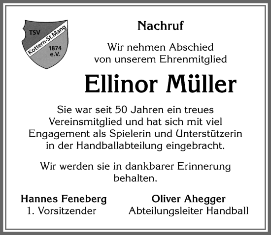 Traueranzeige von Ellinor Müller von Allgäuer Zeitung,Kempten