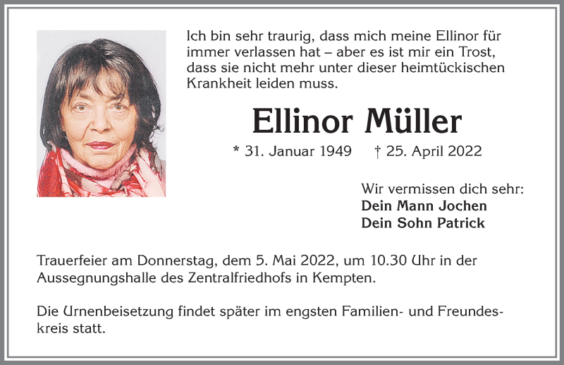  Traueranzeige für Ellinor Müller vom 02.05.2022 aus Allgäuer Zeitung,Kempten