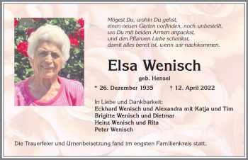 Traueranzeige von Elsa Wenisch von Allgäuer Zeitung, Marktoberdorf