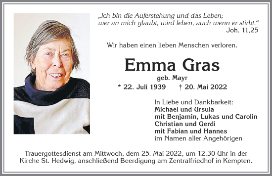 Traueranzeige von Emma Gras von Allgäuer Zeitung,Kempten