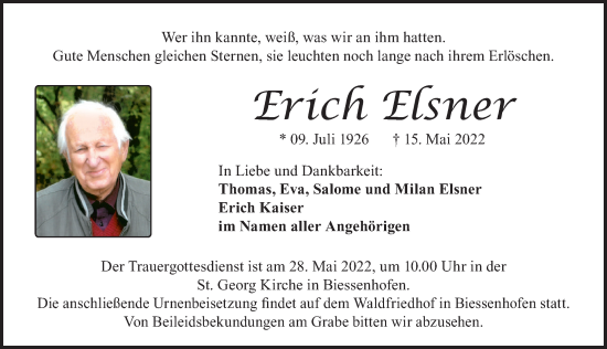 Traueranzeige von Erich Elsner von Allgäuer Zeitung, Marktoberdorf