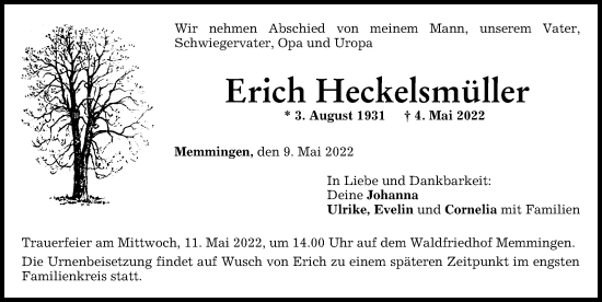 Traueranzeige von Erich Heckelsmüller von Memminger Zeitung