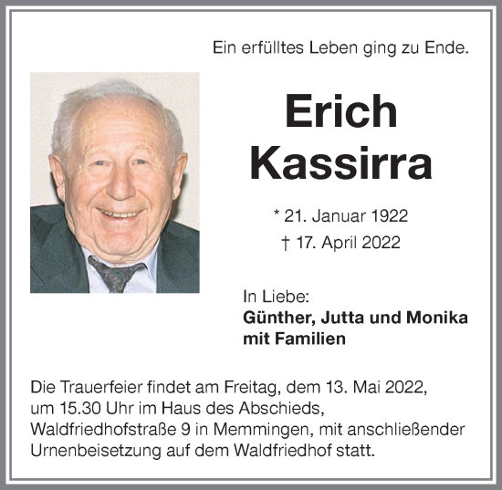 Traueranzeige von Erich Kassirra von Memminger Zeitung