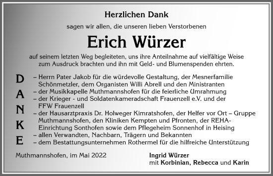 Traueranzeige von Erich Würzer von Allgäuer Zeitung,Kempten