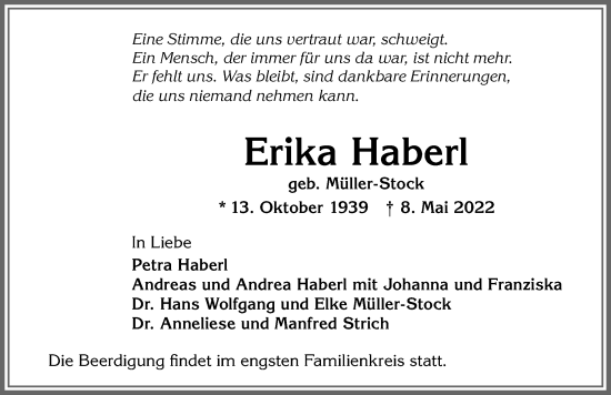 Traueranzeige von Erika Haberl von Allgäuer Zeitung,Kempten