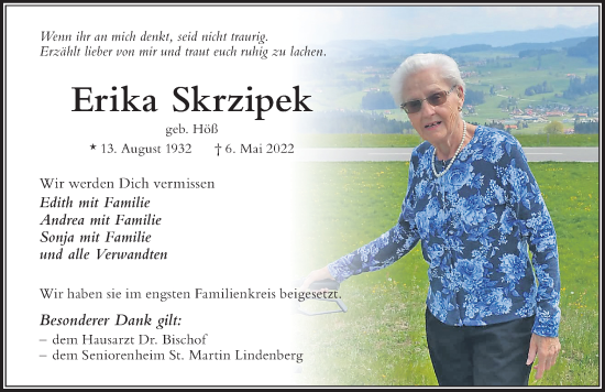 Traueranzeige von Erika Skrzipek von Der Westallgäuer