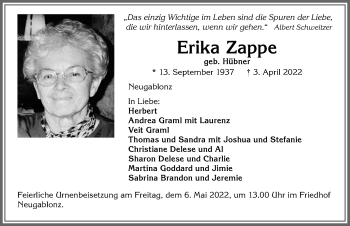 Traueranzeige von Erika Zappe von Allgäuer Zeitung, Kaufbeuren/Buchloe