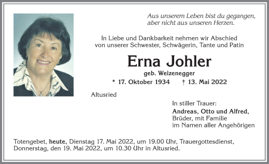 Traueranzeige von Erna Johler von Allgäuer Zeitung,Kempten