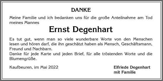 Traueranzeige von Ernst Degenhart von Allgäuer Zeitung, Kaufbeuren/Buchloe