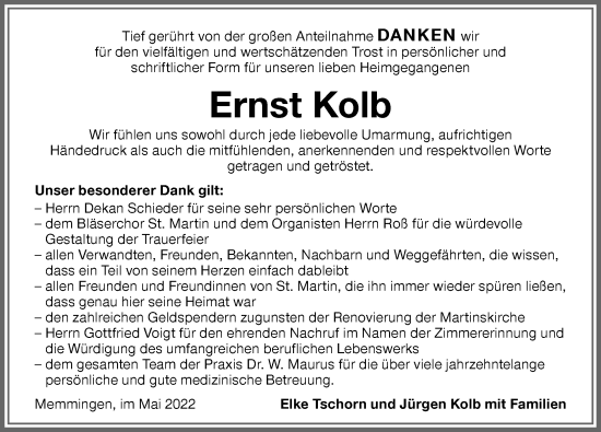 Traueranzeige von Ernst Kolb von Memminger Zeitung