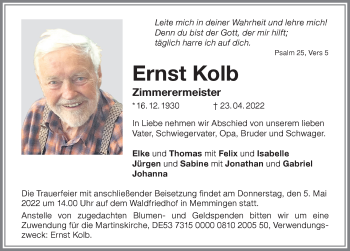 Traueranzeige von Ernst Kolb von Memminger Zeitung