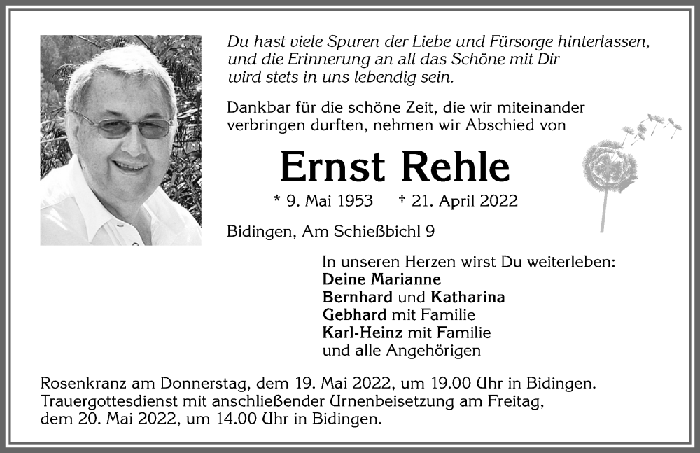  Traueranzeige für Ernst Rehle vom 14.05.2022 aus Allgäuer Zeitung, Marktoberdorf