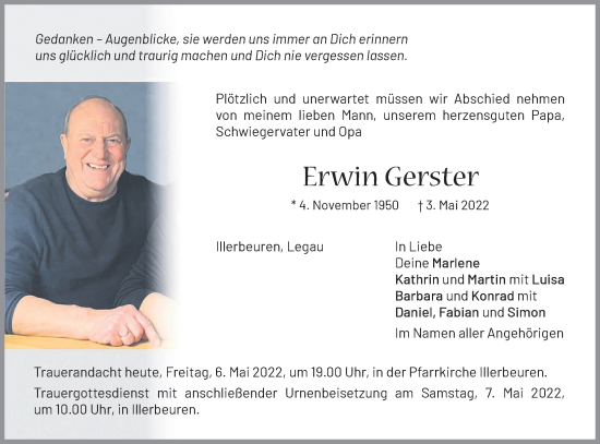 Traueranzeige von Erwin Gerster von Memminger Zeitung
