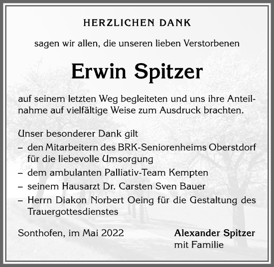 Traueranzeige von Erwin Spitzer von Allgäuer Anzeigeblatt