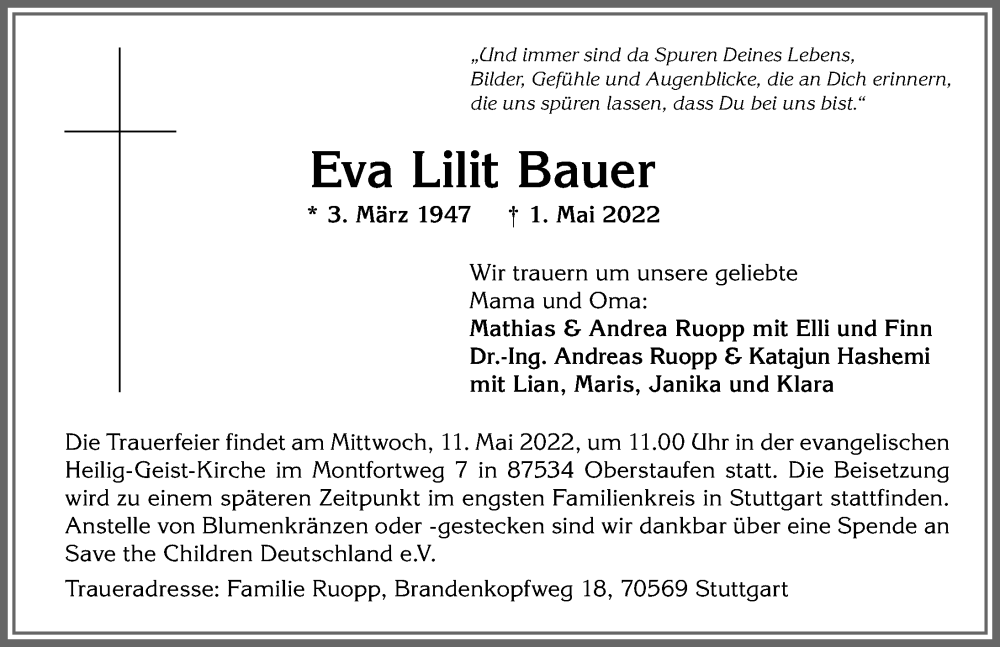  Traueranzeige für Eva Lilit Bauer vom 07.05.2022 aus Allgäuer Anzeigeblatt