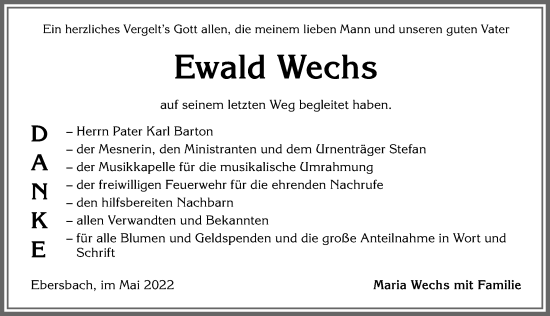 Traueranzeige von Ewald Wechs von Allgäuer Zeitung, Marktoberdorf