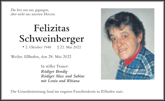 Traueranzeige von Felizitas Schweinberger von Der Westallgäuer