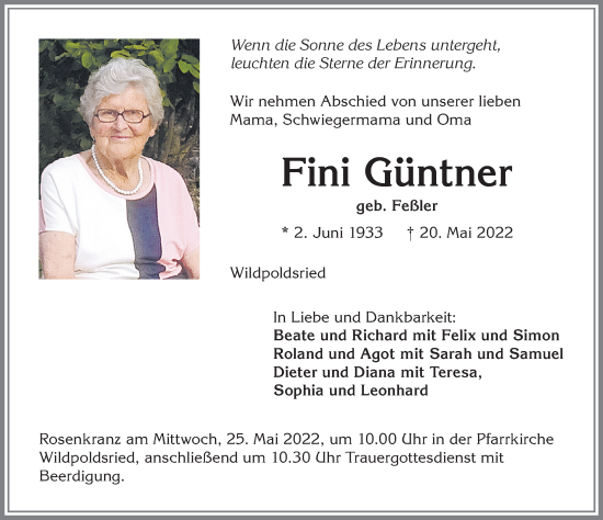 Traueranzeige von Fini Güntner von Allgäuer Zeitung,Kempten