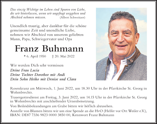 Traueranzeige von Franz Buhmann von Der Westallgäuer