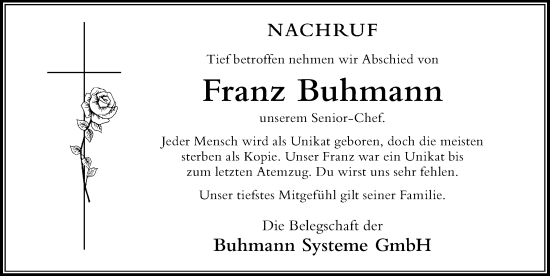 Traueranzeige von Franz Buhmann von Der Westallgäuer