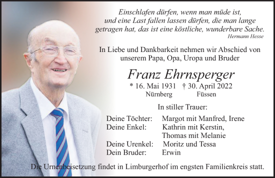 Traueranzeige von Franz Ehrnsperger von Allgäuer Zeitung, Füssen