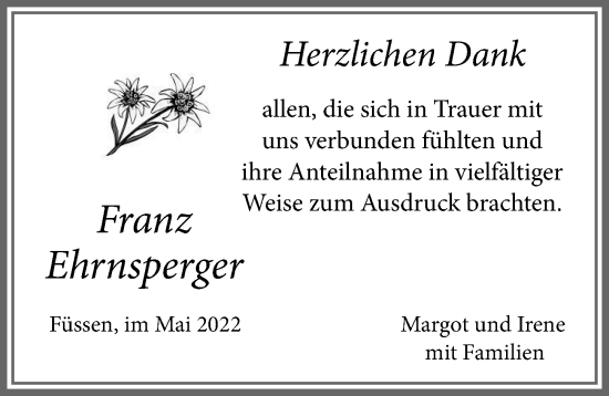 Traueranzeige von Franz Ehrnsperger von Allgäuer Zeitung, Füssen