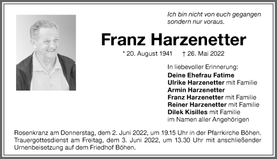 Traueranzeige von Franz Harzenetter von Memminger Zeitung