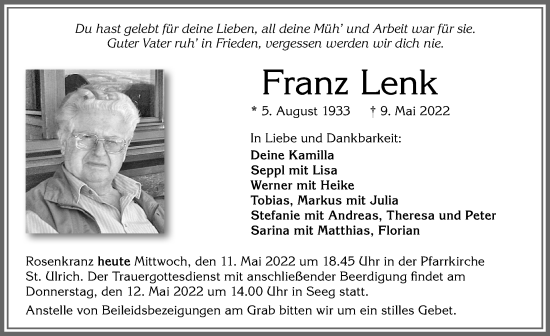Traueranzeige von Franz Lenk von Allgäuer Zeitung, Füssen