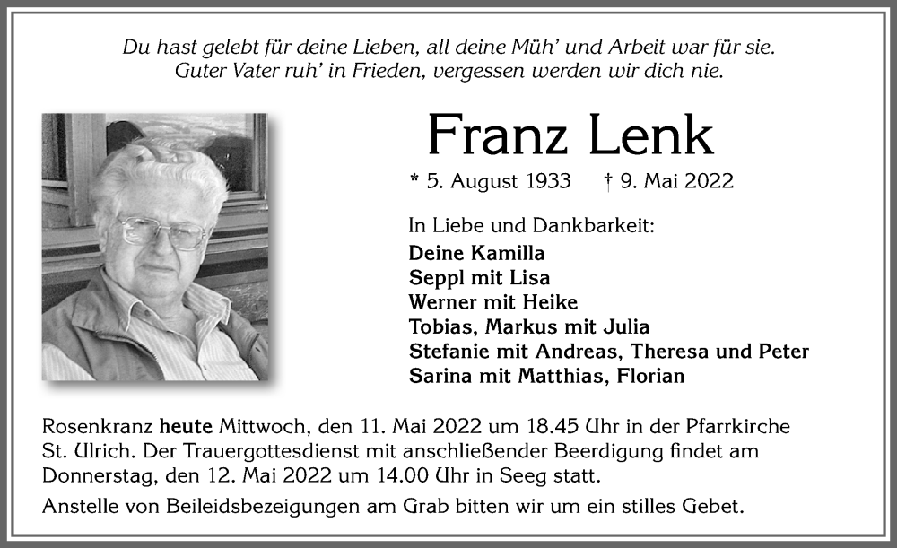  Traueranzeige für Franz Lenk vom 11.05.2022 aus Allgäuer Zeitung, Füssen