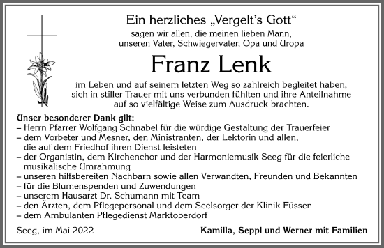 Traueranzeige von Franz Lenk von Allgäuer Zeitung, Füssen