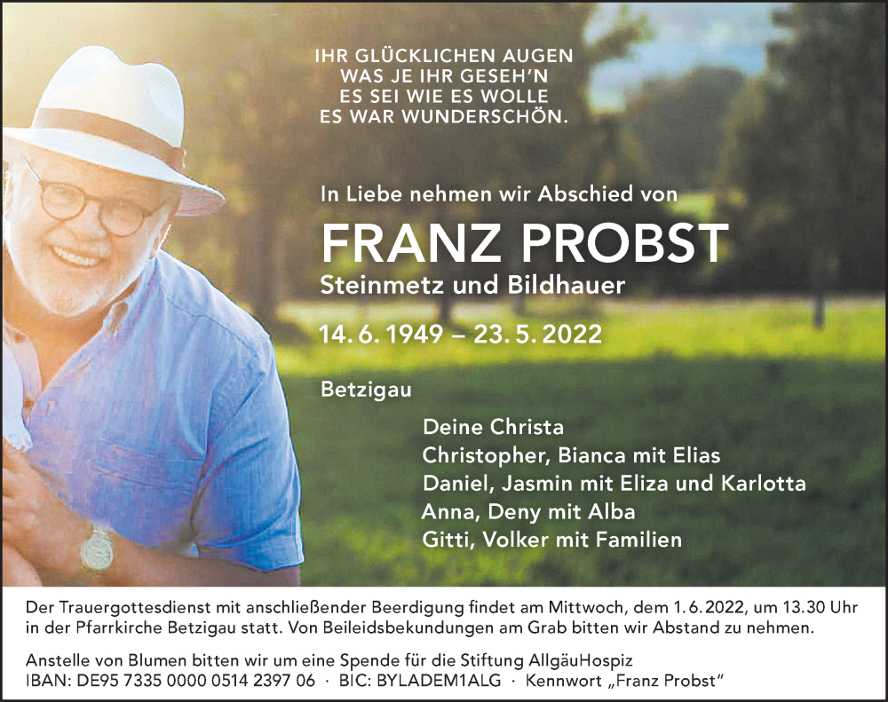  Traueranzeige für Franz Probst vom 28.05.2022 aus Allgäuer Zeitung, Füssen
