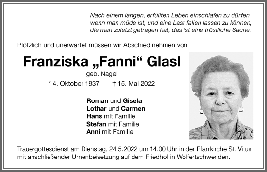 Traueranzeige von Franziska Glasl von Memminger Zeitung