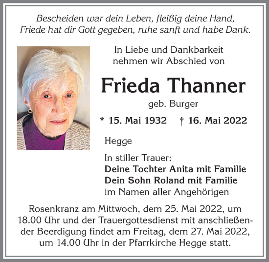 Traueranzeige von Frieda Thanner von Allgäuer Zeitung,Kempten