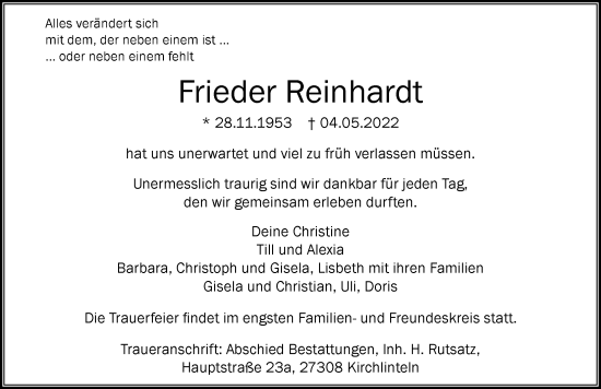Traueranzeige von Frieder Reinhardt von Der Westallgäuer