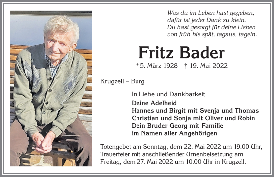 Traueranzeige von Fritz Bader von Allgäuer Zeitung,Kempten