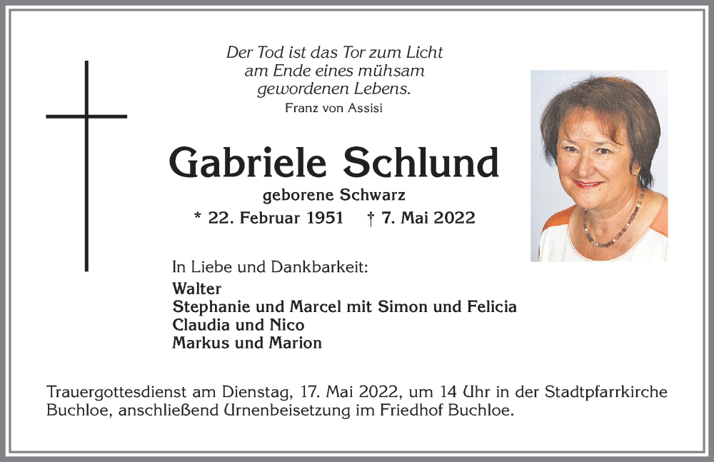  Traueranzeige für Gabriele Schlund vom 12.05.2022 aus Allgäuer Zeitung, Kaufbeuren/Buchloe