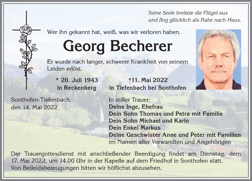  Traueranzeige für Georg Becherer vom 14.05.2022 aus Allgäuer Anzeigeblatt