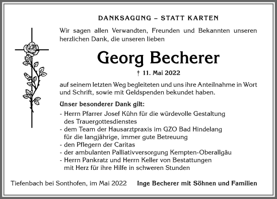 Traueranzeige von Georg Becherer von Allgäuer Anzeigeblatt